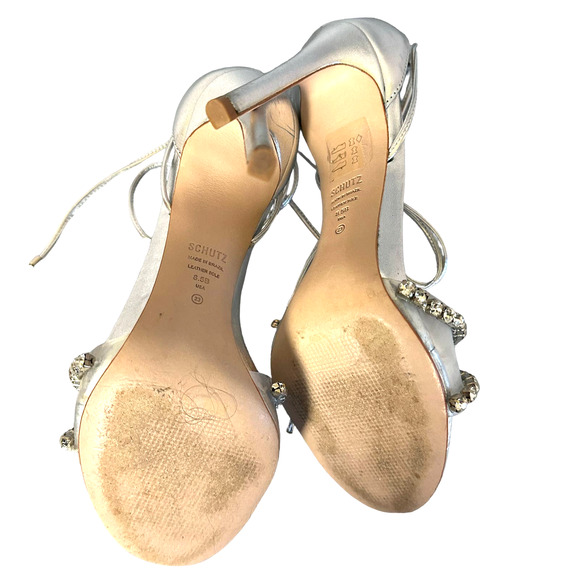 Schutz Silver Rhinestone Ankle Wrap Sandals SIZE 8.5 Stiletto Heel Revolve $138 - Picture 6 of 12